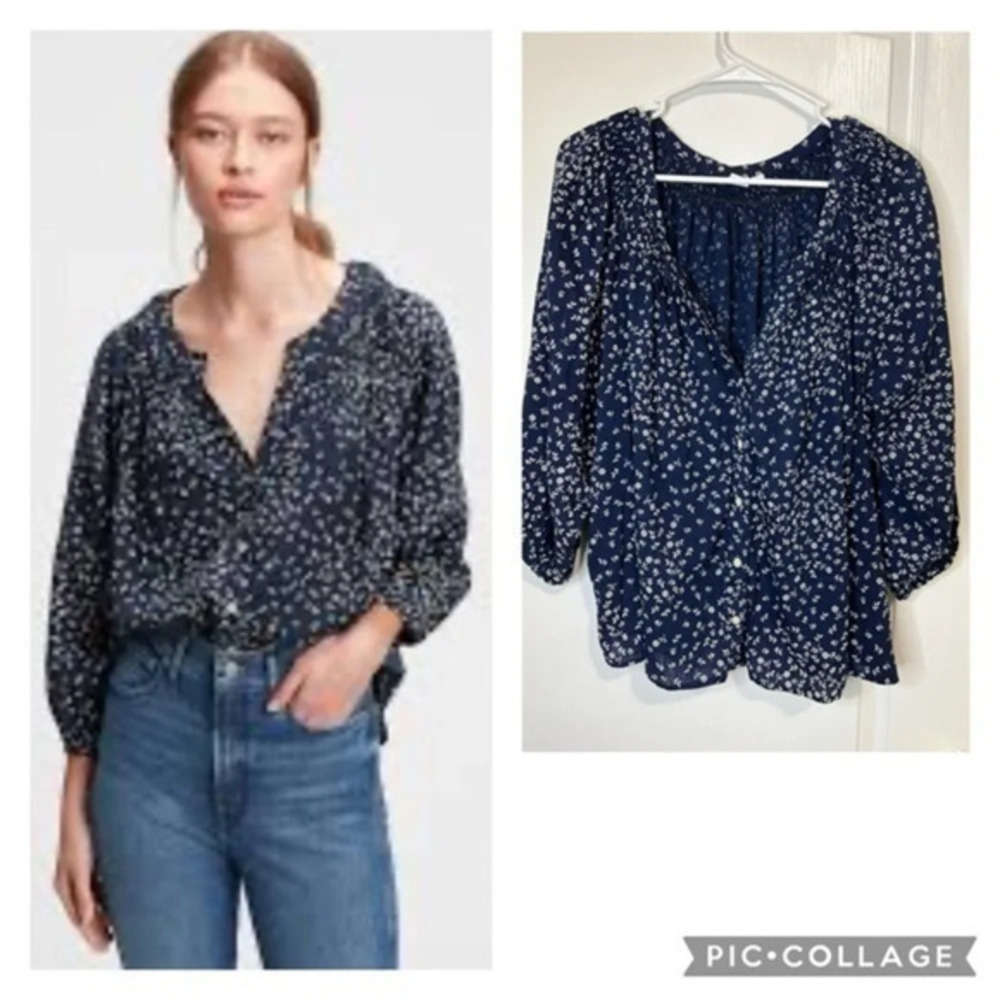 Gap Floral Button Up V-Neck Balloon SL Navy White Smocked blouse size XL